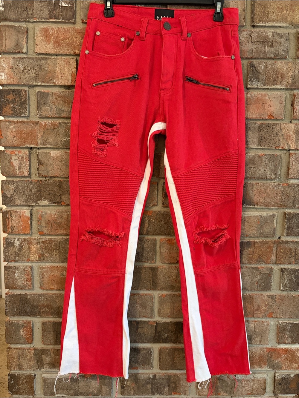 Red Bootcut Jeans with White Side Panels — Distressed Moto Styling
